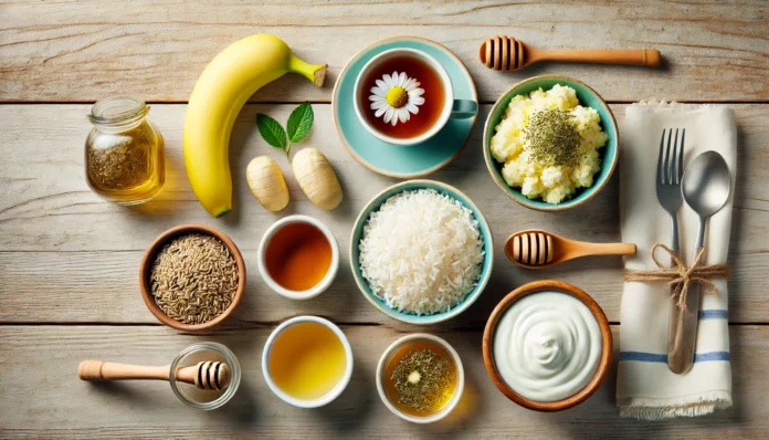 A colorful spread of easily digestible foods for stomach pain relief, including plain white rice, a banana, herbal chamomile tea, mashed potatoes, and yogurt with honey, arranged on a wooden table with soft natural lighting.