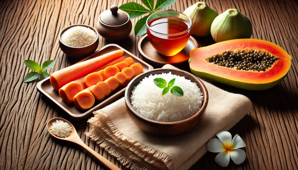 A beautifully arranged display of stomach-soothing foods, including plain white rice, boiled carrots, peppermint tea, and ripe papaya slices, set against a warm, wooden backdrop with soft, natural lighting.