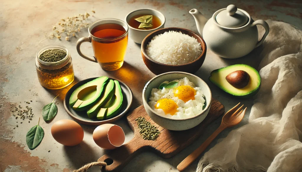 A serene and inviting display of calming foods for stress-induced stomach pain, featuring soft scrambled eggs, avocado slices, fennel tea, and cooked white rice, presented on a rustic wooden table with warm, natural lighting