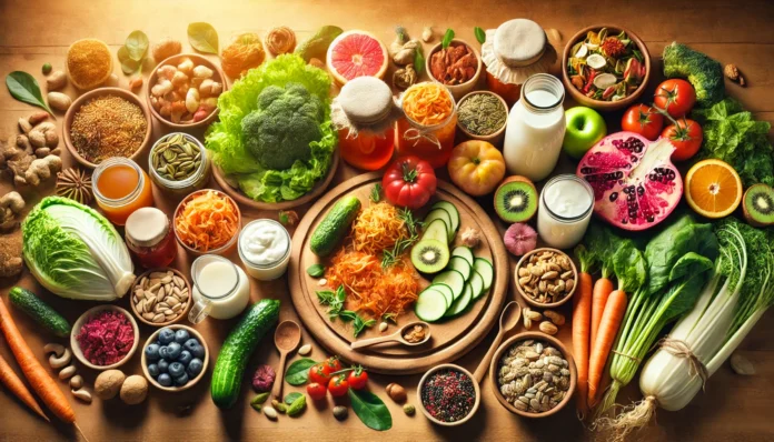 A top-down view of a wooden table filled with gut-friendly foods, including fermented vegetables, kimchi, yogurt, kombucha, fresh greens, colorful fruits, nuts, seeds, and herbal teas. The warm and inviting scene emphasizes natural gut health restoration.