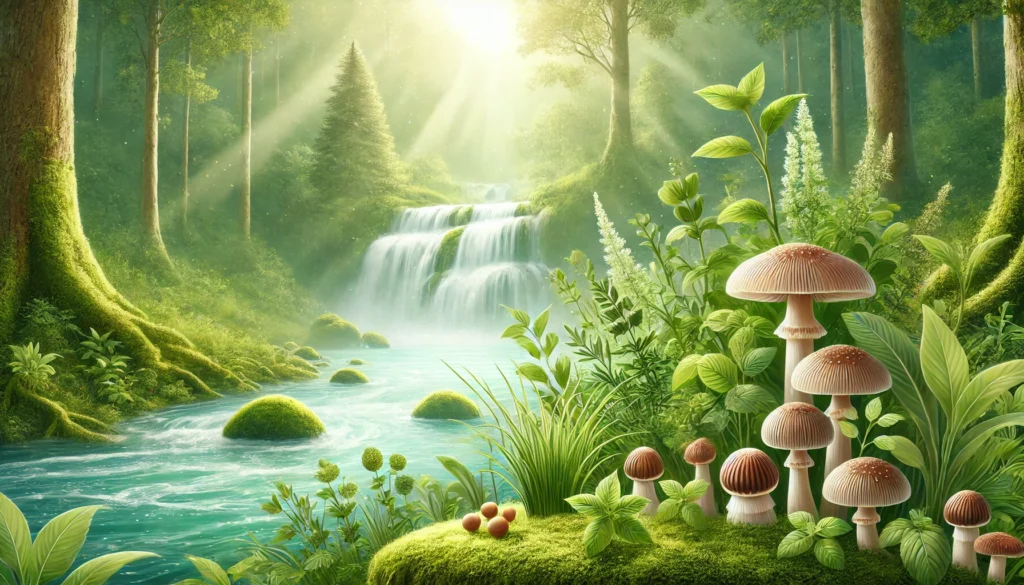 A serene nature-inspired landscape featuring a flowing waterfall surrounded by wild herbs and probiotic-rich mushrooms on a forest floor. Soft sunlight filtering through trees symbolizes a natural digestive reset.