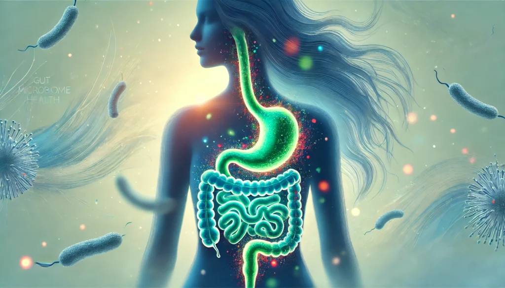 An artistic close-up of a human silhouette with a glowing digestive tract filled with swirling, healthy bacteria in vibrant blues and greens. The ethereal background represents inner balance and gut detoxification.