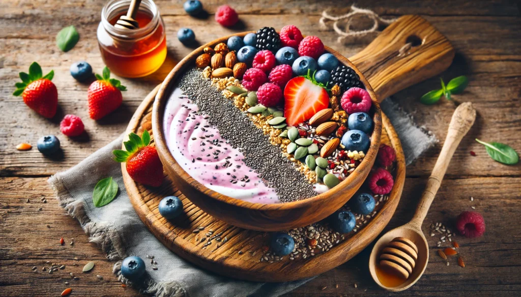 A vibrant smoothie bowl rich in gut-healthy ingredients, including probiotic yogurt, fresh berries, chia seeds, flaxseeds, and nuts, arranged on a rustic wooden surface with a drizzle of honey. The scene exudes nourishment and digestive wellness.