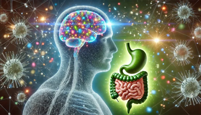 A conceptual digital illustration of the human gut microbiome and its connection to mental health. A glowing neural network in the brain seamlessly links to a vibrant, healthy gut filled with diverse microbiota, symbolizing harmony and well-being.