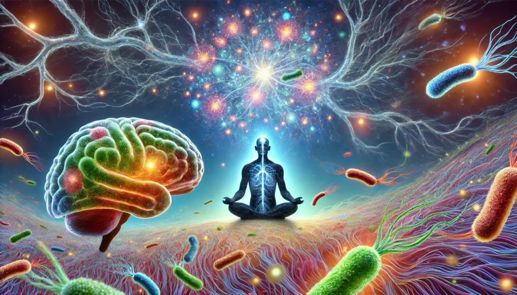 A surreal, artistic representation of gut microbiota influencing brain health. A glowing, interconnected system of neurons emerges from a flourishing gut environment filled with colorful, microscopic bacteria. A serene, meditative human silhouette in the background symbolizes mental clarity.