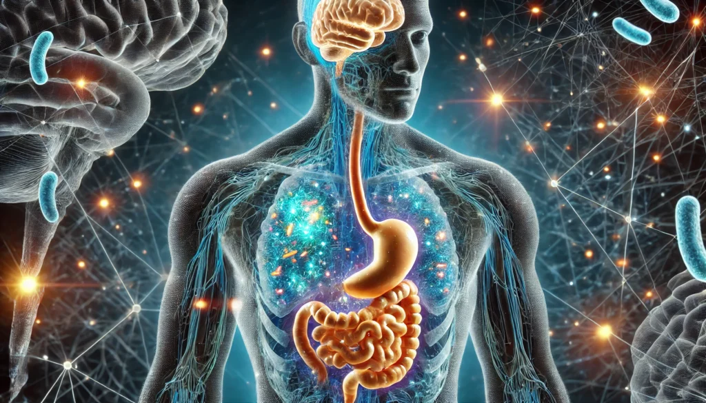 A futuristic visualization of the gut-brain axis, showing a transparent human torso where the gut and brain are highlighted. The gut is rich with diverse, glowing microbiota, while neural pathways pulsate with light, symbolizing communication and improved cognitive function.