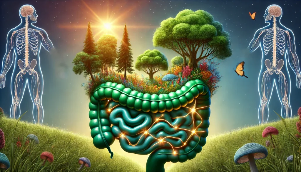 A nature-inspired concept of gut microbiome therapy promoting mental health. A lush, vibrant forest grows from within a stylized human gut, with glowing synapses connecting to a bright, healthy brain above. Warm sunlight bathes the scene, symbolizing balance and well-being.