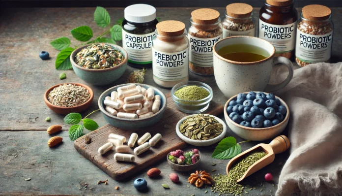 A natural and refreshing display of gut health supplements on a rustic kitchen counter, including probiotic capsules, prebiotic powders, a cup of green tea, fiber-rich nuts and seeds, and fresh berries.