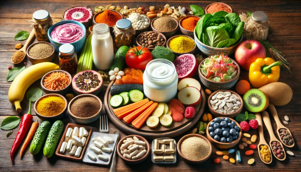 A vibrant arrangement of gut health supplements and natural foods on a wooden table, including probiotic-rich yogurt, fermented vegetables, digestive enzyme capsules, prebiotic powders, and fiber-rich fruits like apples and bananas.