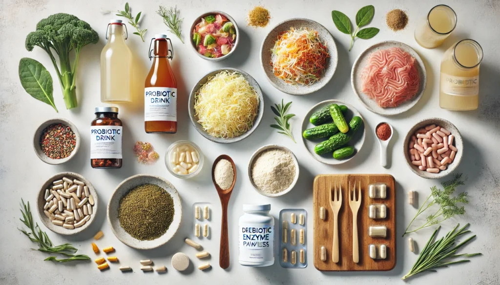 inspired flat lay of gut-supporting supplements and superfoods, showcasing probiotic drinks, fermented foods like kimchi and sauerkraut, digestive enzyme capsules, fresh herbs, and a wooden spoon with prebiotic powder.