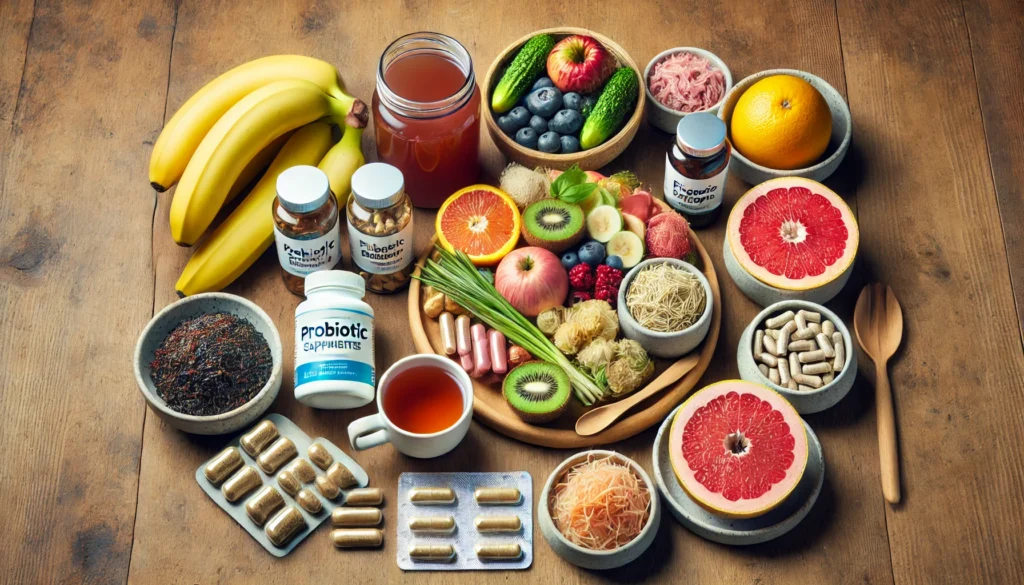 A holistic and fresh display of gut health supplements and nourishing foods on a wooden surface, featuring probiotic capsules, digestive enzyme tablets, fiber-rich fruits like blueberries and bananas, fermented foods like miso and sauerkraut, and a cup of herbal tea, promoting digestive balance and wellness.
