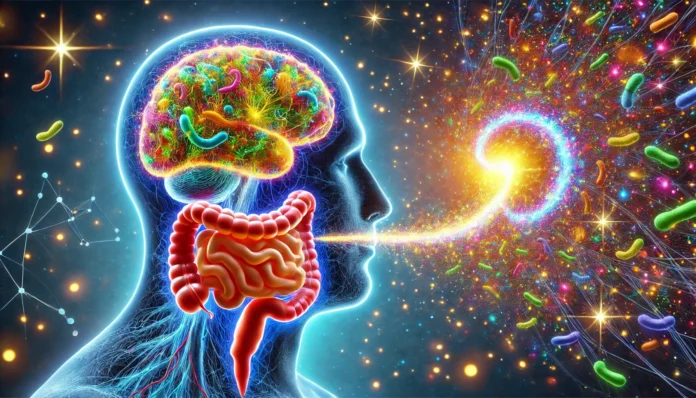 A surreal artistic representation of the gut-brain connection. A glowing human gut filled with vibrant, beneficial bacteria sends neural signals to an illuminated brain, symbolizing mental clarity and cognitive support.