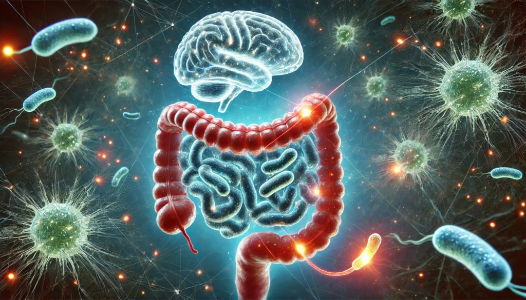 A futuristic visual of gut bacteria interacting with brain neurons. Microscopic, glowing bacteria float inside the intestines, forming energy connections that travel up to a bright, highly detailed human brain, illustrating the gut-mind relationship.