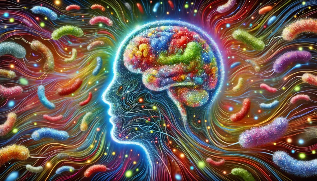 An abstract artistic depiction of gut microbiome diversity and its connection to cognitive health. Colorful, swirling beneficial bacteria form neural patterns that merge into an ethereal human brain, symbolizing mental well-being.