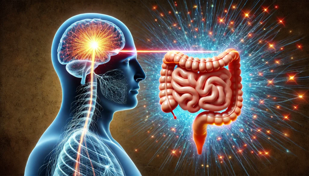 A conceptual representation of gut health affecting emotions and cognition. A glowing intestinal microbiome radiates energy waves towards a human head, where neural networks light up, symbolizing a positive impact on mental health.