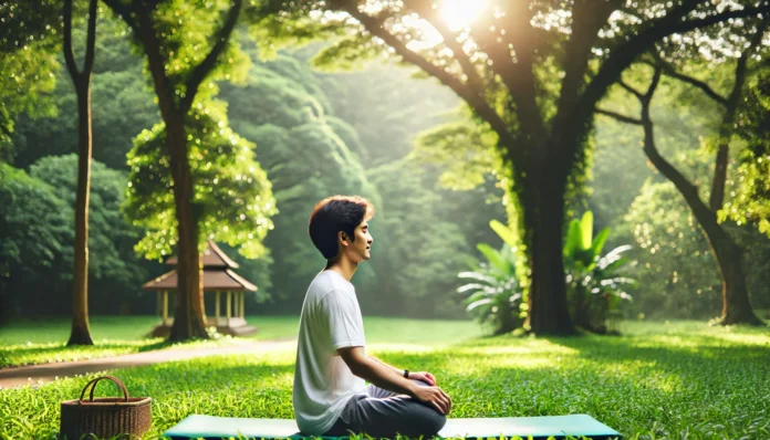 A peaceful scene of a person practicing deep breathing outdoors in a lush green park. The individual is sitting cross-legged on a yoga mat, eyes closed, and has a relaxed expression. Soft sunlight filters through the trees, enhancing the calm and serene atmosphere.