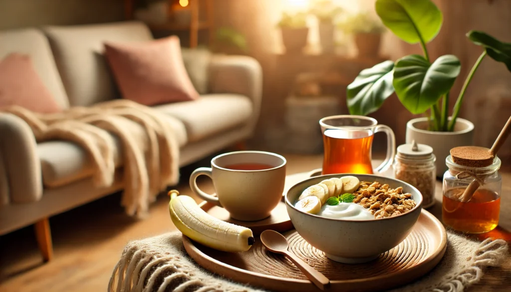 A cozy home setting featuring a cup of herbal tea and a bowl of soothing foods such as bananas, yogurt, and oatmeal. The scene is warmly lit with soft ambient lighting, creating a sense of relaxation and comfort. A blurred indoor plant and a comfortable couch are visible in the background.