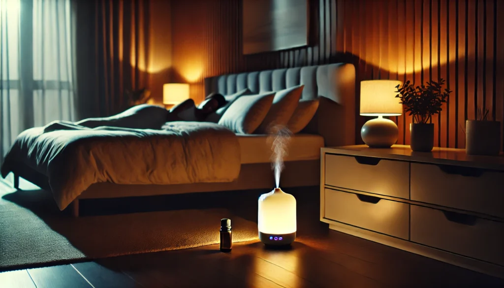 A tranquil nighttime bedroom scene with dim lighting, showing a person lying comfortably in bed. A small bedside diffuser emits calming essential oils. The room is decorated in warm, neutral tones, enhancing the atmosphere of relaxation and restfulness.