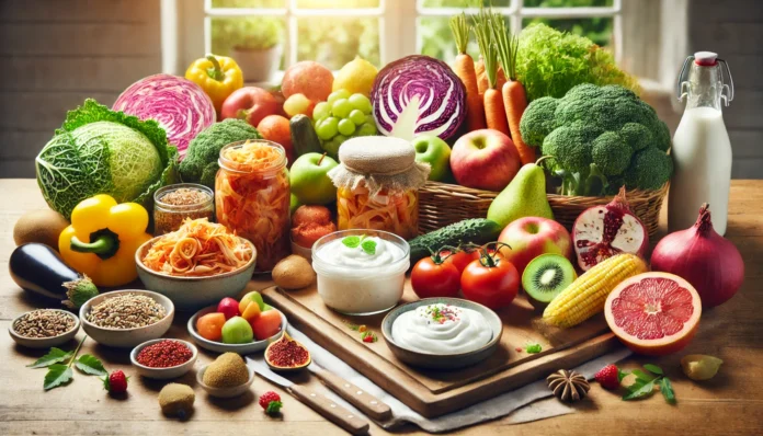 A vibrant assortment of gut-healthy foods, including fermented items like kimchi and yogurt, fiber-rich vegetables, and fresh fruits, arranged on a wooden kitchen counter with natural lighting. The scene highlights the connection between nutrition and gut health for better mental well-being.