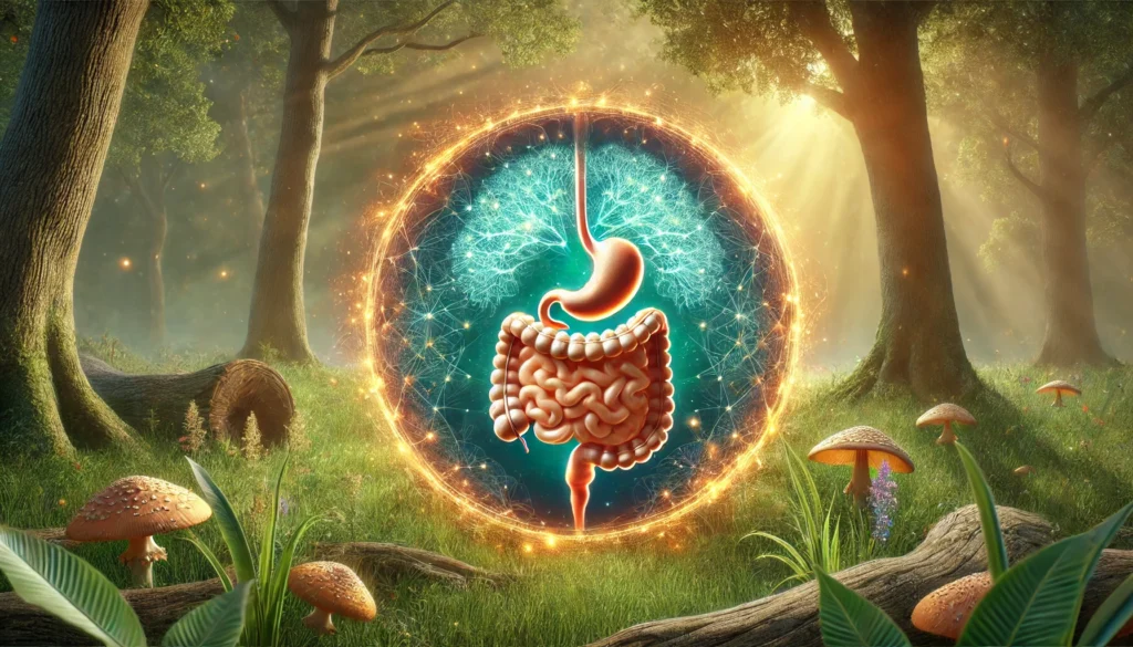 A serene nature-inspired visualization of the gut-brain connection, featuring a glowing neural network intertwined with digestive organs. The artwork represents balance, healing, and the impact of gut health on mental clarity and emotional stability.