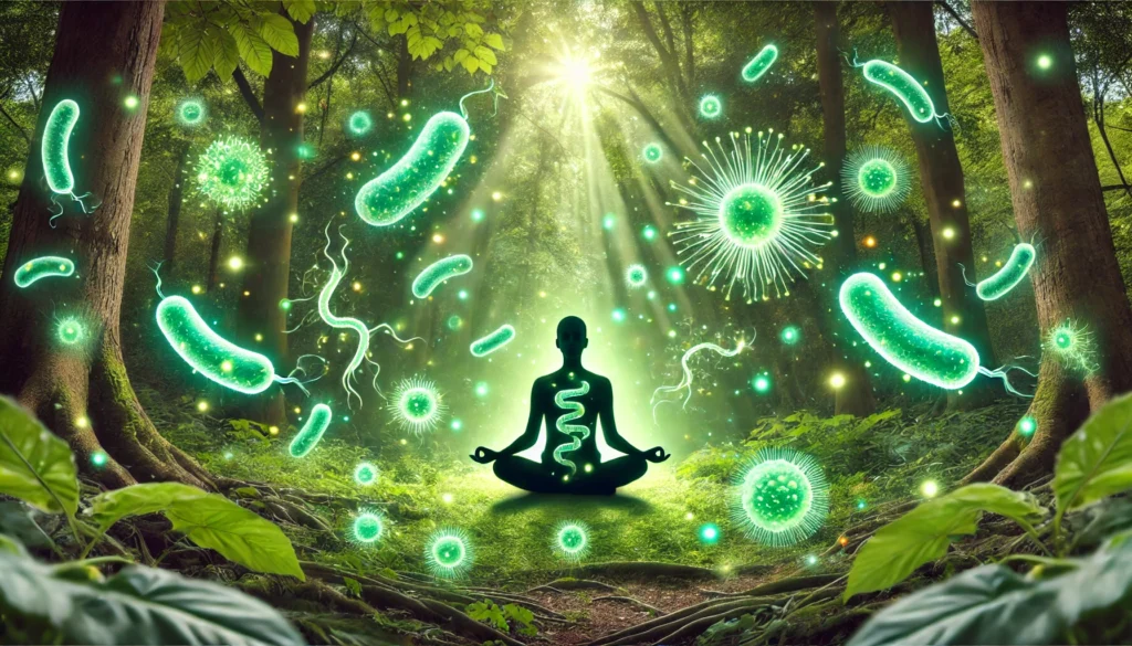 A peaceful individual meditating in a lush green forest, surrounded by glowing representations of beneficial gut bacteria floating in the air. The atmosphere radiates mindfulness, relaxation, and the deep connection between gut health and emotional well-being.
