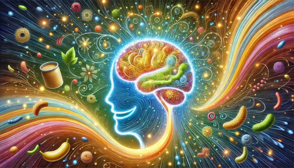 An artistic depiction of a happy, healthy brain with glowing neural pathways, nourished by a swirling stream of probiotics, fiber, and essential nutrients. The image symbolizes the role of gut health in supporting mental clarity, emotional balance, and overall vitality
