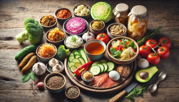 A vibrant spread of gut-healing foods, including fermented vegetables, yogurt, bone broth, fresh greens, and herbal tea, arranged on a rustic wooden table with soft natural lighting.