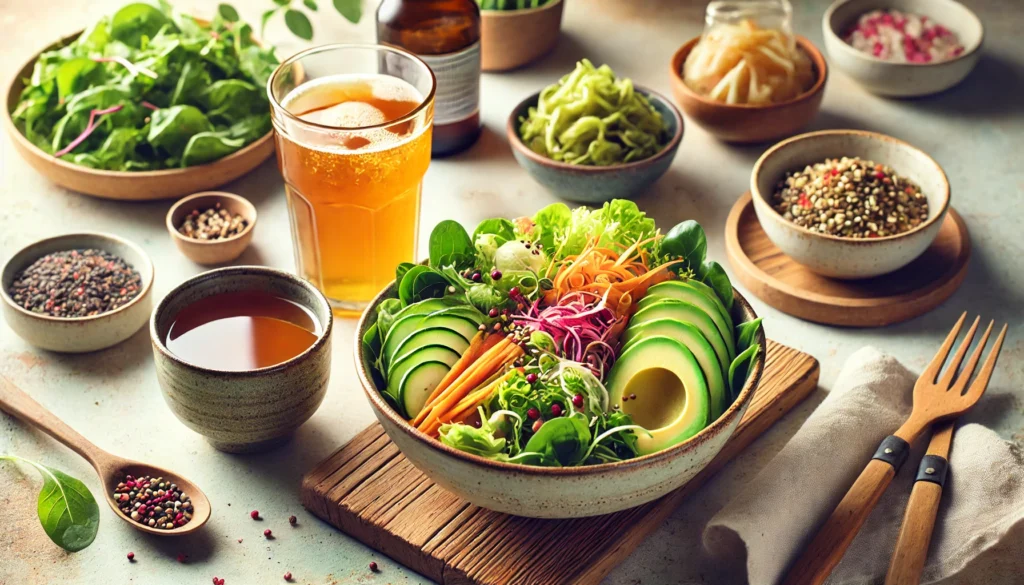 A beautifully plated probiotic-rich meal featuring fresh greens, avocado, fermented vegetables, a glass of kombucha, and a bowl of miso soup, set in a wholesome, natural setting.