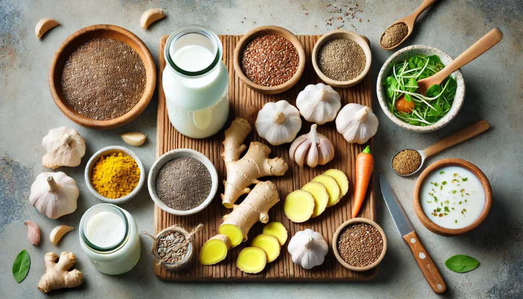 A top-down view of gut-healing meal preparation, showcasing sliced ginger, turmeric, garlic, chia seeds, flaxseeds, kefir, and a jar of homemade fermented vegetables on a wooden cutting board.