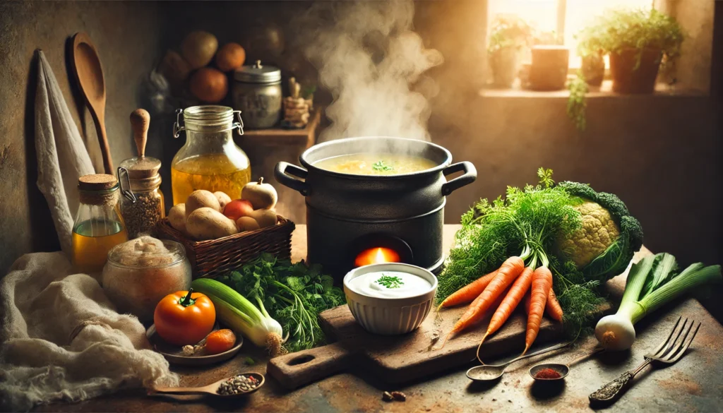 A cozy kitchen scene with a steaming pot of bone broth on a rustic stove, surrounded by fresh vegetables, herbs, and a bowl of yogurt, bathed in warm, golden lighting.