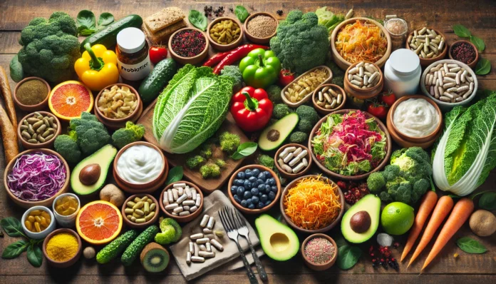 A vibrant assortment of gut-friendly foods and supplements, including fresh vegetables, fermented foods, healthy fats, and probiotic supplements, displayed on a rustic wooden table.
