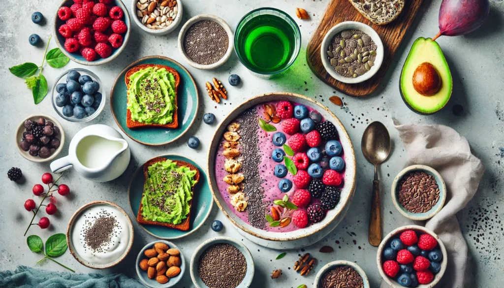 A nutritious breakfast spread featuring a smoothie bowl with berries and chia seeds, avocado toast on whole-grain bread, probiotic yogurt, nuts, and green tea, designed for gut health and weight loss.