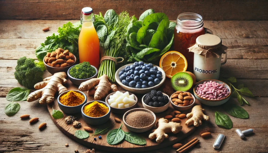 A beautifully arranged selection of gut-healthy superfoods, including ginger, turmeric, leafy greens, fermented foods, fresh berries, almonds, and kombucha, on a rustic wooden background.