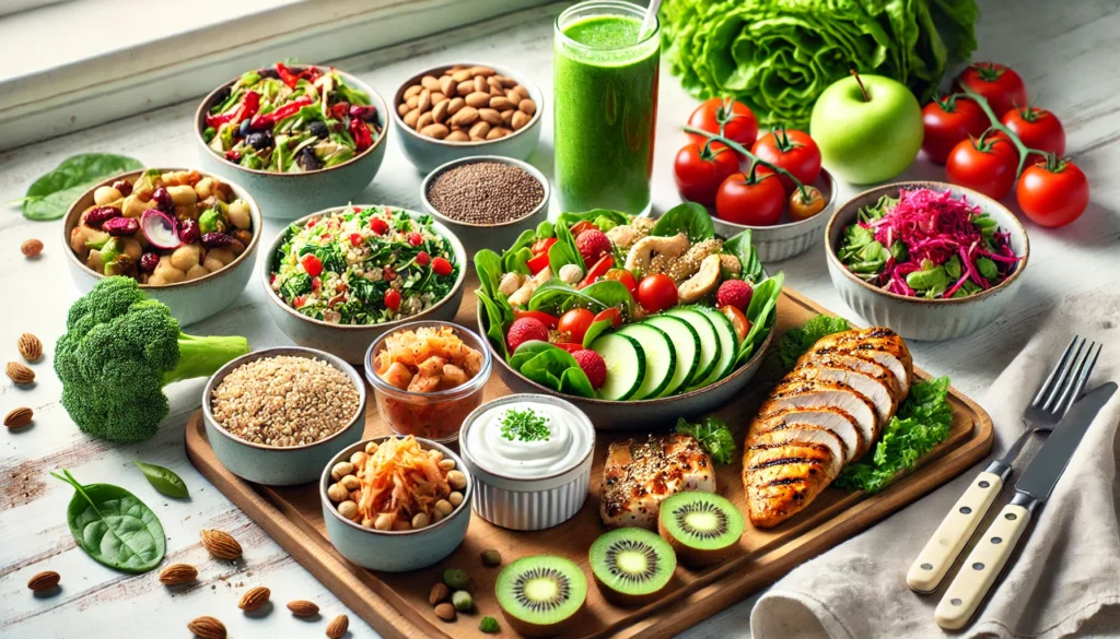 A fresh and vibrant meal prep setup featuring gut-healthy foods for weight loss, including colorful salads with leafy greens, quinoa, grilled chicken, fermented foods like kimchi and yogurt, and a refreshing green smoothie, displayed on a bright kitchen countertop.