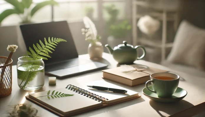 A minimalist workspace with natural lighting, featuring a clean desk, an open notebook with a pen, a cup of green tea, and a small plant, symbolizing focus, clarity, and productivity.