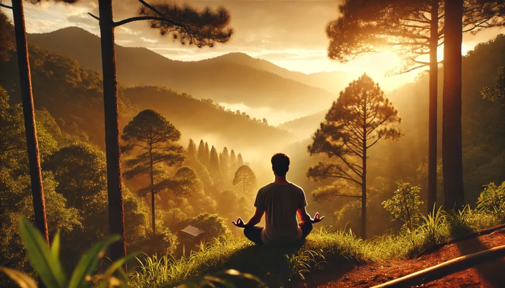 A person meditating in a peaceful natural setting during sunrise, surrounded by trees and mountains, representing mental clarity, mindfulness, and relaxation.