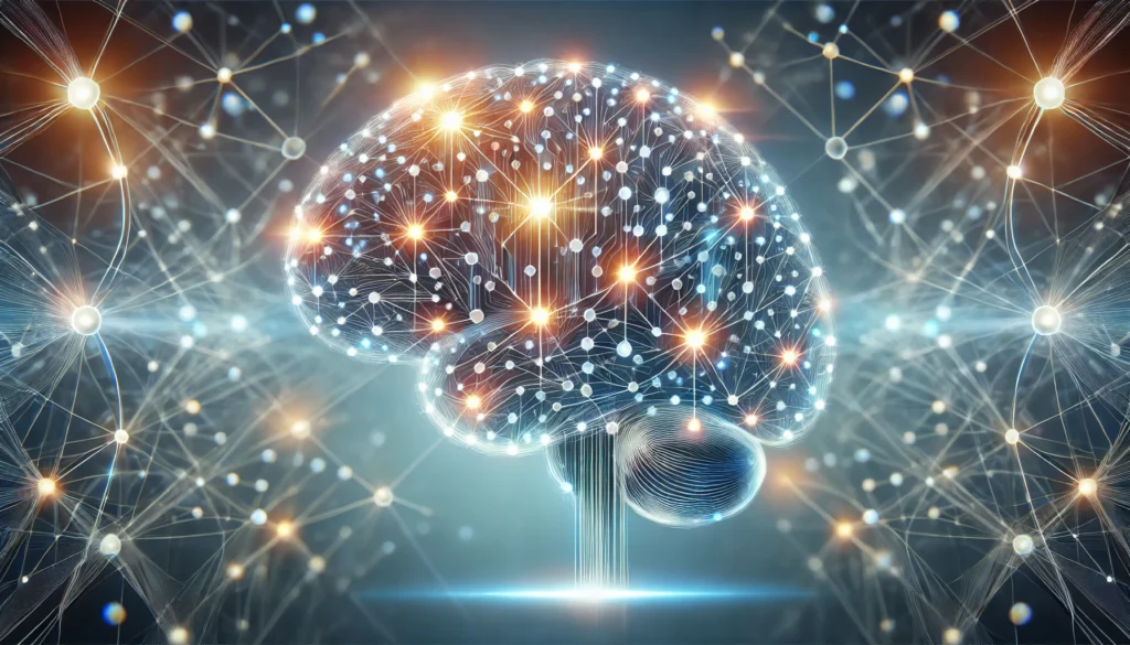 A futuristic visualization of a human brain with glowing neural connections against a blue gradient background, symbolizing enhanced cognitive function, focus, and mental performance.