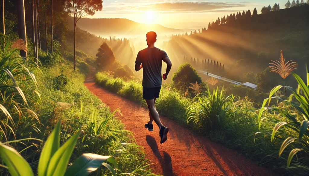 A person jogging along a scenic sunrise trail, surrounded by lush greenery, highlighting the connection between physical exercise and improved concentration and mental clarity.
