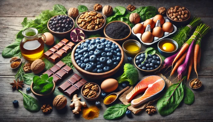 A vibrant assortment of brain-boosting foods displayed on a rustic wooden table, including blueberries, walnuts, salmon, dark chocolate, leafy greens, eggs, and turmeric root, arranged beautifully under soft natural lighting.