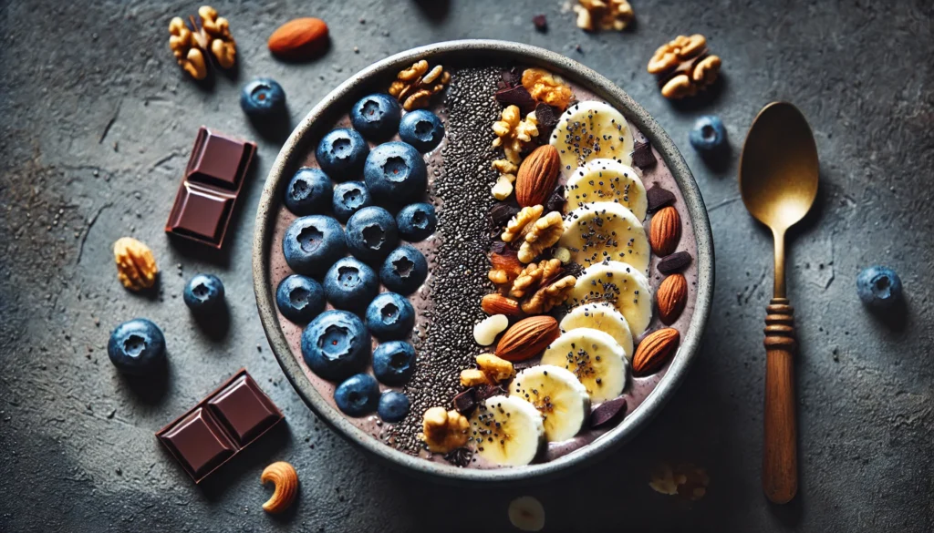 A close-up shot of a delicious and nutritious smoothie bowl filled with brain-boosting ingredients such as blueberries, chia seeds, walnuts, almonds, banana slices, and dark chocolate shavings, arranged in an aesthetically pleasing pattern.