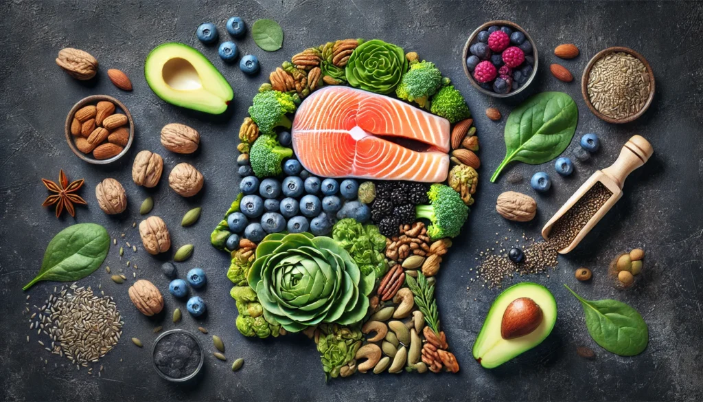 An artistic arrangement of brain-healthy foods shaped into the silhouette of a human brain on a dark textured background, featuring salmon, nuts, seeds, blueberries, leafy greens, and avocado, highlighting the power of nutrition for cognitive health.