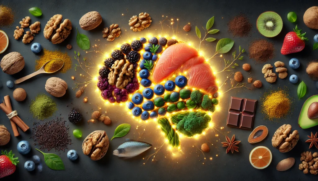 A visually engaging concept of a glowing human brain made of nutritious foods, symbolizing enhanced cognitive function. The composition includes walnuts, blueberries, salmon, dark chocolate, green tea leaves, and turmeric, illuminated with a soft golden glow.