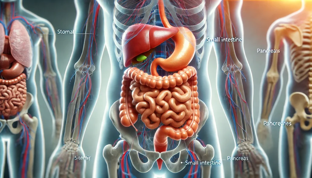 A professional medical diagram of the human digestive system, focusing on the small intestine. The stomach, liver, and pancreas are realistically depicted with cross-sectional details for enhanced clarity.
