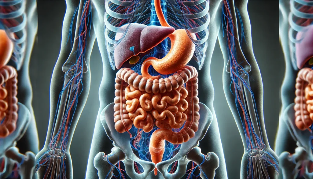 A cutaway view of the human digestive system showing the stomach, pancreas, liver, and intestines, emphasizing the digestion process in the small intestine with detailed textures and layers.