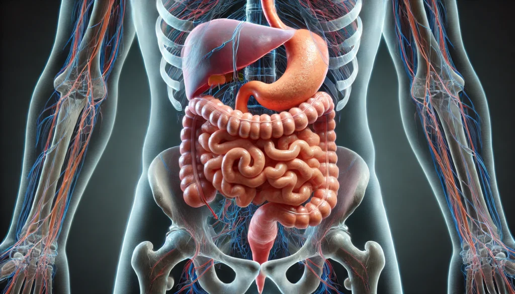 A 3D-rendered illustration of the digestive system, featuring a semi-transparent effect to reveal internal structures. The small intestine is prominently displayed as the main site of digestion.