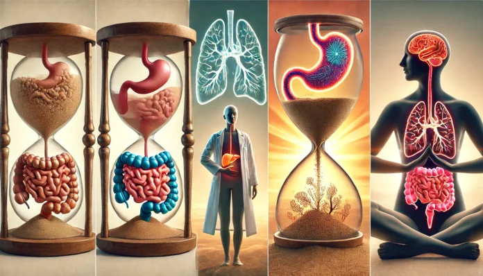 A symbolic hourglass filled with digestive system imagery, showing one side with inflammation and the other with healing, representing the duration of IBS, visualizing the progression of symptoms,symbolizing the chronic nature of IBS,with a subtle glow around the abdomen.