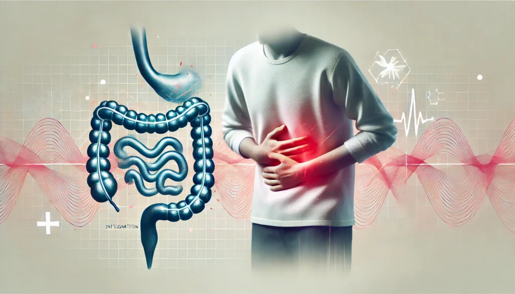 A conceptual illustration of a person clutching their stomach in discomfort, with a semi-transparent overlay of the digestive system highlighting inflammation. The background features a soft, medical-themed aesthetic with abstract waves symbolizing chronic IBS symptoms