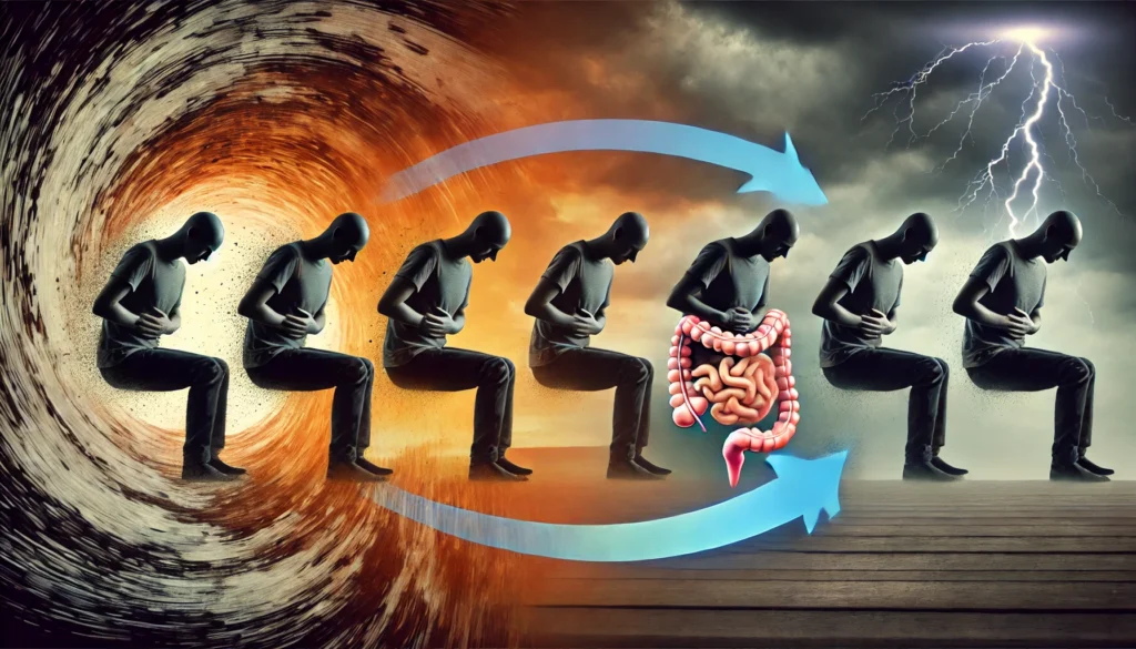 A time-lapse style illustration showing a person’s journey through IBS, transitioning from pain and discomfort to relief. The background shifts from dark, stormy hues to warm, calming tones, symbolizing the progression from symptoms to healing