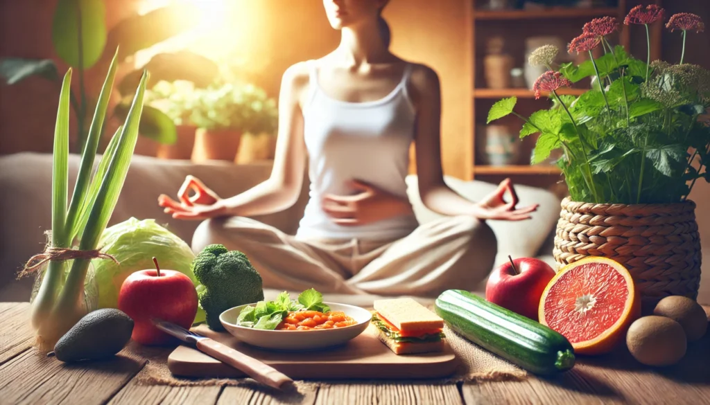 A peaceful lifestyle scene featuring a person enjoying a healthy meal and meditating, symbolizing long-term IBS management and recovery. The setting is calm with soft natural lighting, fresh nutritious food, and warm, soothing background tones