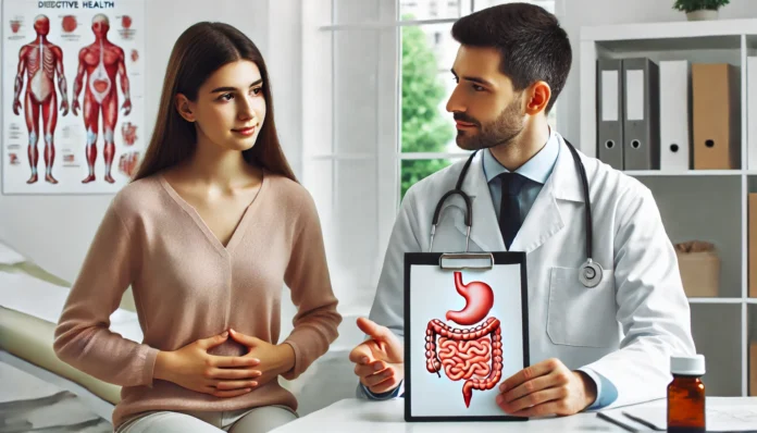 A professional medical setting where a doctor discusses digestive health with a patient.